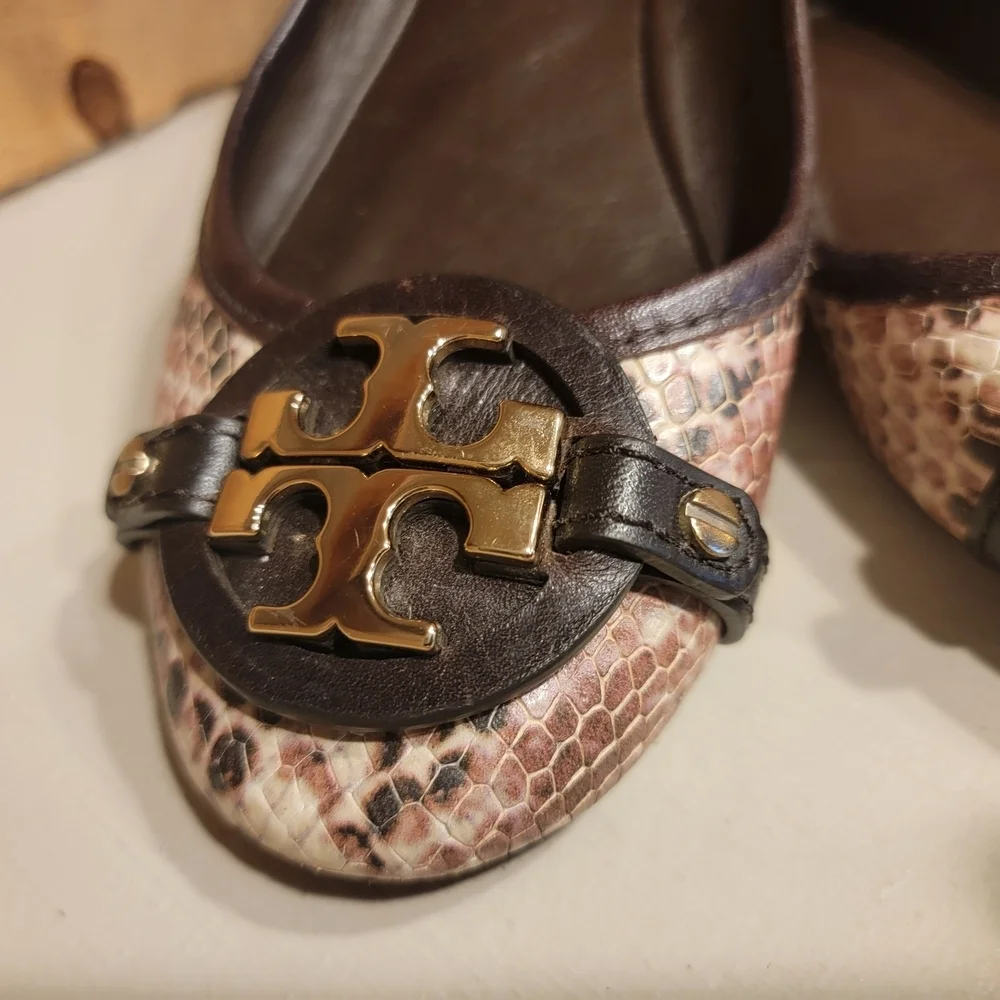 Tory Burch Women's Ballet Flats In Shades Of Brown Snakeskin Leather Size 7.5